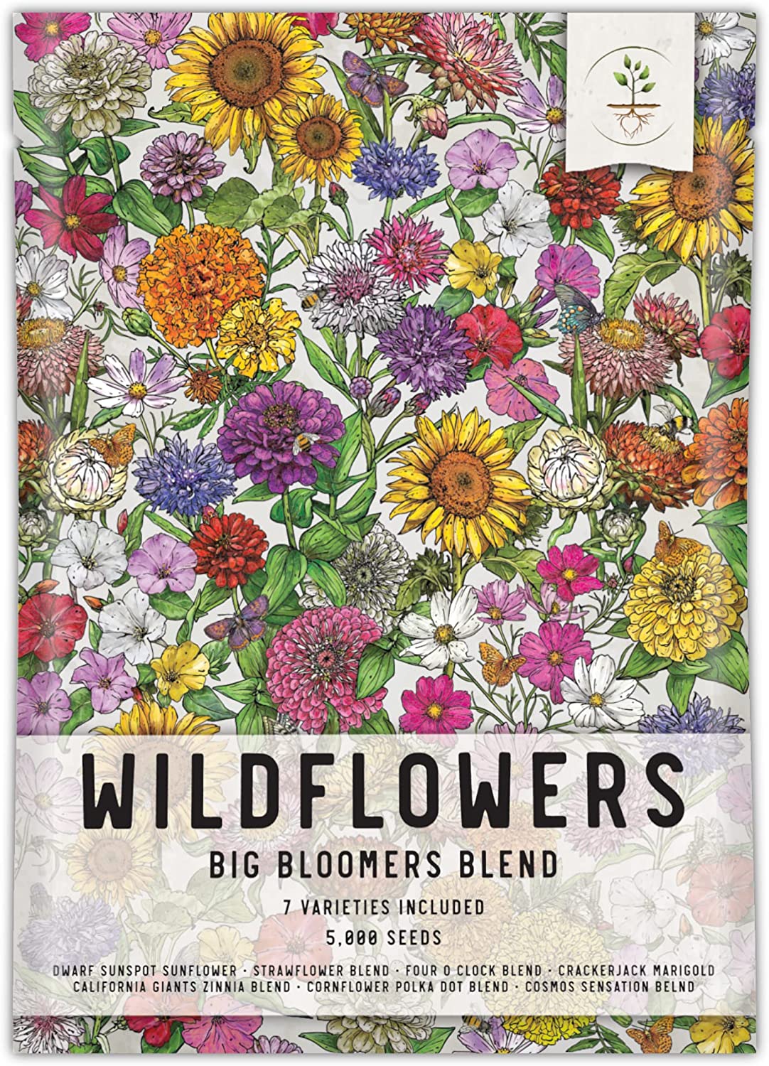 Seed Needs, Bulk Package of 5,000 Seeds for Planting Big Bloomers Wildflower Blend (7 Varieties) Heirloom & Open Pollinated – Attracts Hummingbirds, Bees and Butterflies